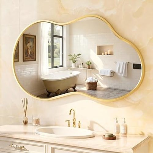 20”x 36” Gold Irregular Wall Mirror, Bathroom Asymmetrical Mirror, Metal Framed, Tempered Glass, Decorative Mirrors for Bathroom Bedroom Living Room Entryway (Horizontal/Vertical)