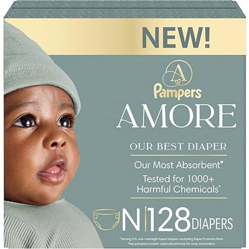 Pampers Amore, Size 0 (up to 10 lbs), 128 Count, Our Best Diaper – Hypoallergenic & Fragrance Free, Up to 100% Leakproof, Soft as Cashmere