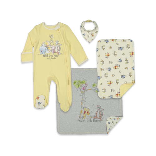 Disney Winnie the Pooh Newborn Baby Boys Sleep N' Play Coverall Bib Blanket and Burp Cloth 4 Piece Outfit Set 6-9 Months