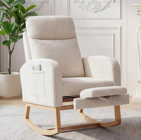 Garvee Corduroy Nursery Rocking Chair With Foot Rest, 26" High Backrest, Teddy Velvet, Living Room, Bedroom, 300 lbs Capacity