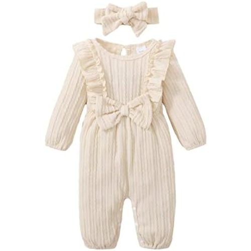 Happy Town Baby Girl Romper Infant Fall Winter Clothes Ruffle Sweater Long Sleeve Bodysuit Jumpsuit and Headband