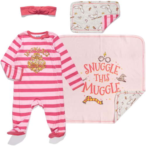 Harry Potter Newborn Boy/Girl Sleepwear: Zip-Up Infant Pajamas, Sleeper Set with Headband, Burp Cloth, Blanket