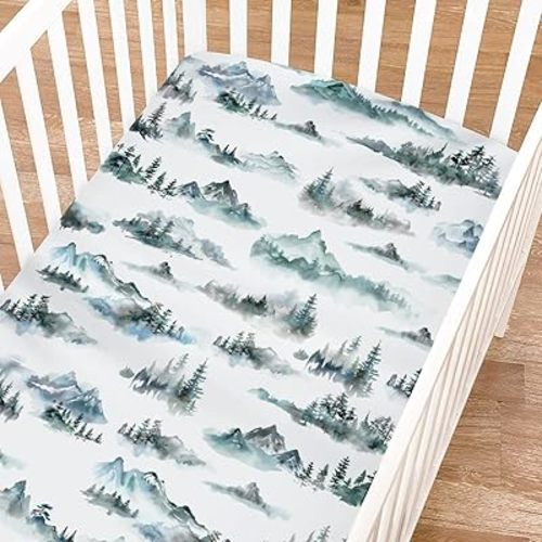 Watercolor Misty Forest Painting Fitted Baby Crib Sheets for Girl Boy 52"x28" Mountain Foggy Crib Mattress Cover Soft Breathable Baby Bed Sheet for Standard Crib and Toddler Mattress