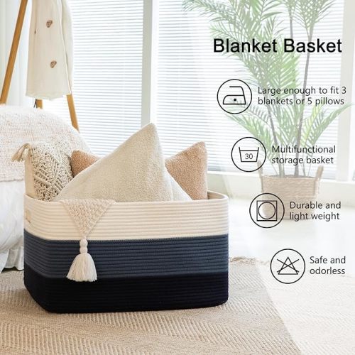 OIAHOMY Large Cotton Rope Basket, Rectangle Woven Baskets for Storage, Nursery Blanket Basket Living Room, Toy Basket with Handle, Large Baskets for Organizing-22”x17”x12”-Gradient Blue