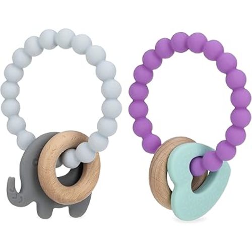 Nuby Natural Wood & Silicone Teether Ring: 3 M+, 2 Count, Grey/Pink