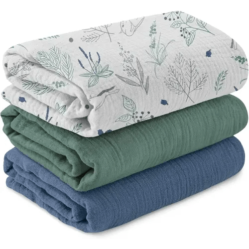 Muslin Swaddle Blankets for Newborn, 3 Pack Breathable Soft Receiving Blanket, Large 38 x 40 inches Swaddle Wrap Burping Clothes Diapers, Essentials Infant Shower Items, Toddler Gift (Fawn & Leaves)