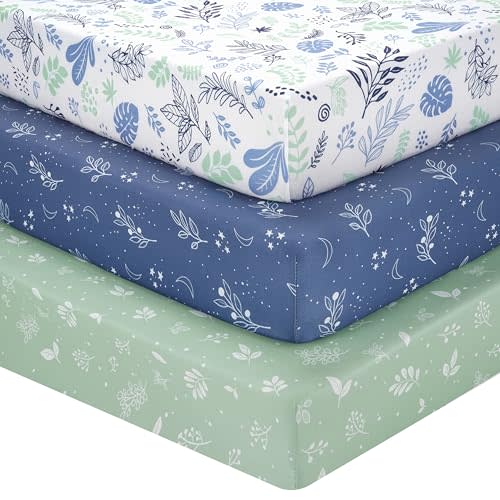FIEMOL Baby Crib Sheets for Boys, 3 Pack Toddler Bed Sheets for 52”x28” Standard Toddler Mattresses, Soft Microfiber Fitted Crib Sheets Neutral Blue Leaf