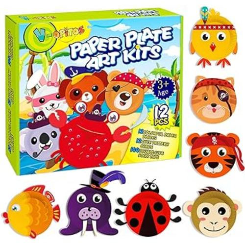 V-Opitos Arts and Crafts Kits for Kids, 12 Pack Paper Plate Crafts, Simple Animal Crafts for Toddler Age of 3, 4, 5 Years Old, Fun Preschool Classroom Activity Project for Boy & Girl