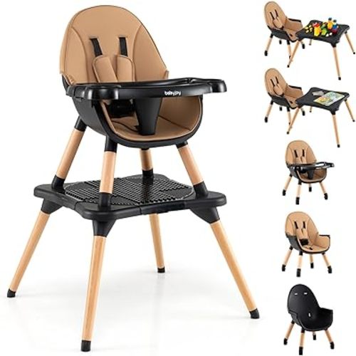 BABY JOY 6 in 1 High Chair, Convertible High Chairs for Babies and Toddlers/Booster Seat/Table and Chair Set, Infant Wooden Highchair w/ 5-Point Harness, 4-Position Removable Tray & PU Cushion, Coffee