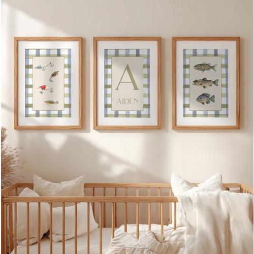 Fishing Nursery Print Personalized Baby Name Art Set of 3 Hunting Nursery Decor Custom Monogram Print Boy Fishing Decor Boy Nursery Wall Art