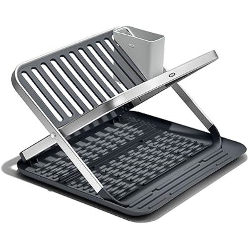 OXO Good Grips Aluminum Fold Flat Dish Drying Rack, 2-Tier, with Drainboard, for Kitchen Counter, Collapsible