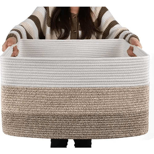 OIAHOMY Large Blanket Basket, Rectangle Woven Baskets for Storage, Nursery Blanket Basket Living Room, Toy Basket With Handle, Large Baskets for Organizing-22”x17”x12”-Gradient Yellow