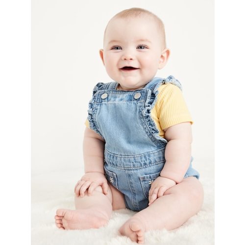 Ruffle-Trim Jean Pocket Shortalls for Baby