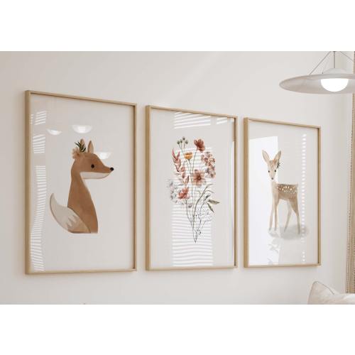 Boho Woodland Watercolor Prints, Floral Animal Nursery Wall Art, Girl&#39;s Room Decor, Set of 3 Art Prints Shipped, 219