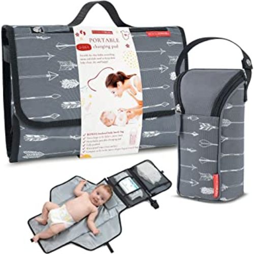 Portable Diaper Changing Pad Waterproof – B0NUS Insulated Baby Bottle Bag, 2-in-1 Diaper Clutch and Changing Mat, Wipe Clean Portable Changing Pad with Built-in Head Cushion (Gray)