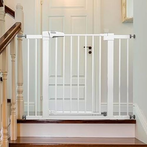 Babelio Metal Baby Gate, 29-43'' Auto Close Easy Install Pet Gate, Extra Wide Walk Thru Child Safety Gate, 30'' Tall Pressure Mounted Dog Gate for Doorways & Stairs, White