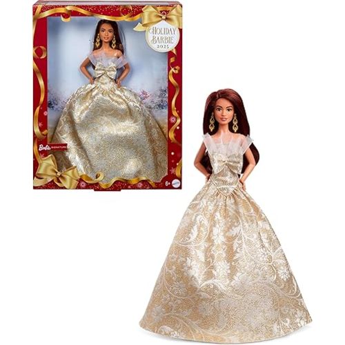 Barbie Signature 2025 Holiday Dark Brown Hair Fashion Doll Wearing Silver & Gold Gown, Seasonal Collector in Displayable Packaging & Stand