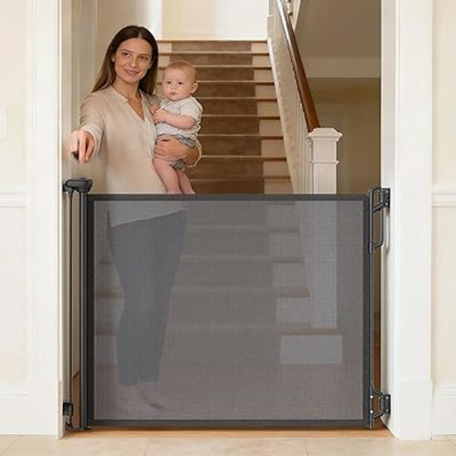 Retractable Safety Baby Gate or Mesh Dog Gate,Durable Portable Mesh Retractable Gate,Easy to Use for Stairs, Doorways, Hallways, Indoor, Outdoor, 33.5" Tall, Up to 55" Wide, Black