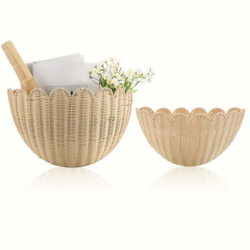 2 Pack Scalloped Wicker Wall Baskets Hanging Wicker Baskets Large And Small Decorative Woven Storage Holder for Home Bathroom, 16 X 10.6 X 7 And 14 X 7.9 X 5.7 Inch