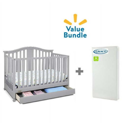 Graco Solano 5-in-1 Convertible Crib with Drawer in Pebble Gray & Premium Foam Crib Mattress