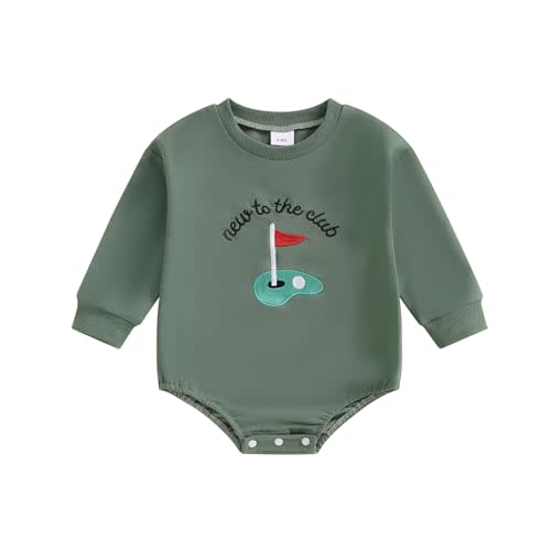 AHUGHAUE Baby Boy Golf Clothes Hole in One Embroidery Long Sleeve Sweatshirt Bubble Romper Cute Spring Fall Outfit
