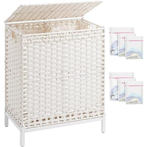 Laundry Hamper with Lid, 112 L Handwoven Rattan Wicker Laundry Basket, 2 Removable Liner Bags Metal Heightened Feet, 6 Mesh Bags, 2 Section Large Clothes Hamper for Bathroom Bedroom, White