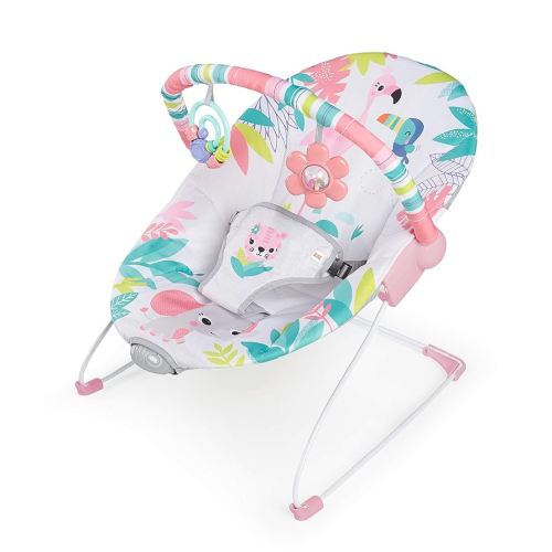 Bright Starts Flamingo Vibes 3-Point Harness Harness Vibrating Baby Bouncer with -Toy bar