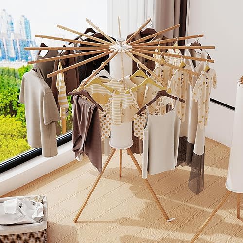 Clothes Drying Rack Tripod,Drying Rack Clothing,Laundry Drying Rack,Floor Standing,16 Wooden Poles,Collapsible Drying Racks for Laundry,Retractable,Foldable,Folding