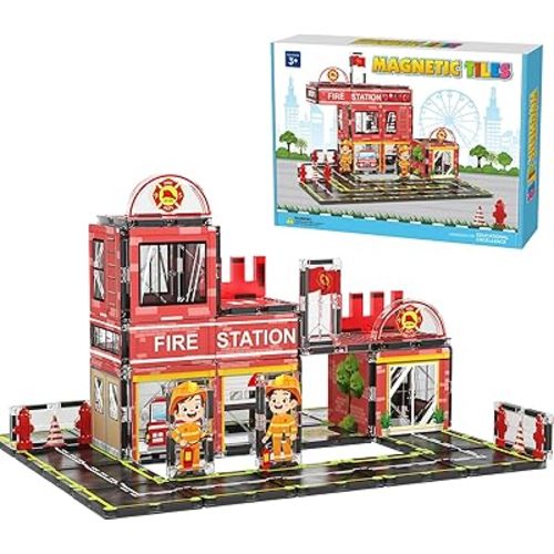 Magnetic Tiles, 50PCS Fire Station Theme Building Blocks Set, Magnet Building Blocks and STEM Preschool Toys for Toddlers Kids Ages 3-5 5-7 8-10