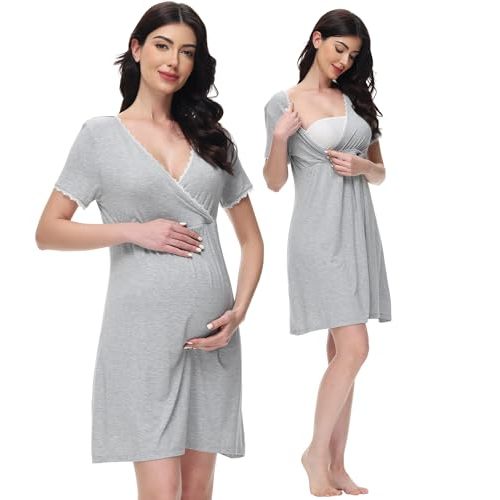 WiWi Soft Viscose from Bamboo 3 in 1 Maternity/Delivery/Nursing Labor Nightgowns Breastfeeding Sleep Shirt Gowns S-XXL