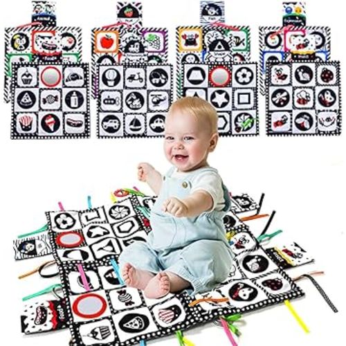 ONTODEX Baby Toys 0-6 Months, 4-in-1 Infant Tummy Time Mat, Newborn Black and White High Contrast Toddler Sensory Activity Play Mat with Mirror, Teethers, Rattles