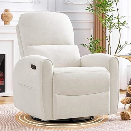 Power Swivel Rocker Recliner, Swivel Glider Nursery Electric Recliner Chair with Lumbar Support, Upholstered Rocking Recling Chairs for Adults Nursery, Living Room, Bedroom, Chenille White