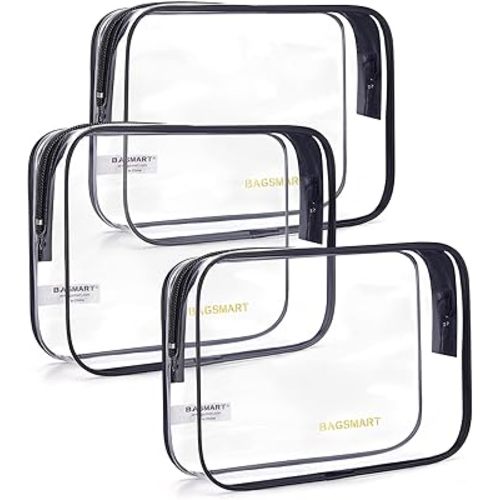 BAGSMART Clear Toiletry Bag, 3-Pack TSA Approved Travel Toiletry Bag Carry On Travel Accessories Bag Airport Airline Quart Size Bags water-resistant Makeup Bag for Women