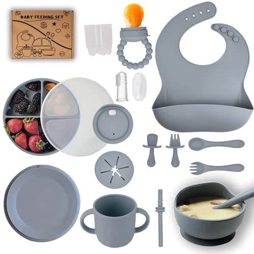 Silicone Baby Feeding Set -16 piece baby led weaning supplies with Suction plates for toddlers, bowls, Baby Utensils, Snack Cup, Sippy Cups, Toddler Utensils items Gray 6+ Months essentials must have