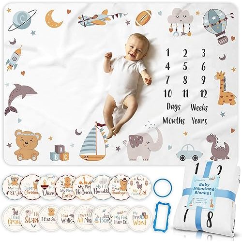 Monthly Baby Milestone Blanket Premium Soft Fleece Blanket Fleece Large Size 60" x 40" 16 Milestone Stickers