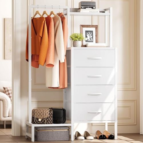 Yoobure White Dresser with Hanging Rack - Small Dresser for Bedroom with 4 Drawers, 44'H Chest of Drawers, Reversible Kids Dressers with Storage Shelf, Closet Dressers, Dorm Essentials, Sturdy Frame