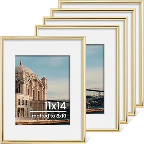 11x14 Picture Frame Set of 5, Display Pictures 8x10 with Mat or 11x14 Without Mat 11 by 14 Photo Frames Wall and Tabletop Display, Gold