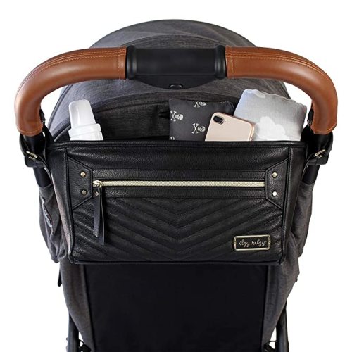 Itzy Ritzy Adjustable Stroller Organizer With Built-In Pockets, Zippered Pocket & Straps To Fit Any Stroller, Black with Gold Hardware