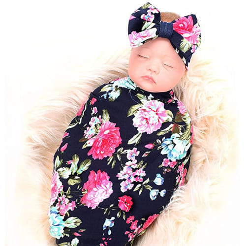 Newborn Receiving Blanket Headband Set Flower Print Baby Swaddle Receiving Blankets - Navy Blue Rose