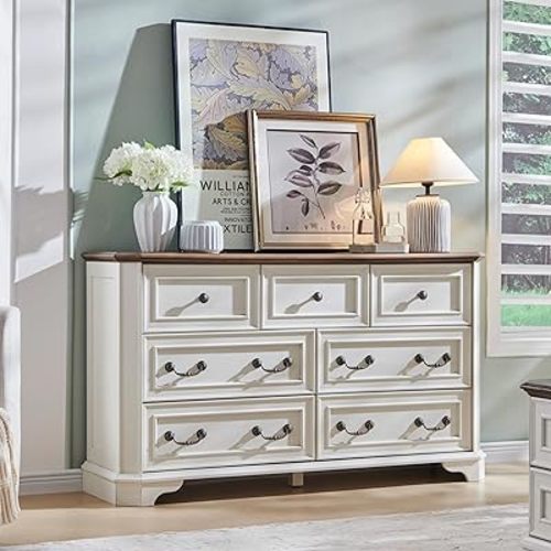 T4TREAM Farmhouse 7 Drawers Dresser for Bedroom, 54" Wide Wood Rustic Chest of Drawers with Natural Texture, Vintage Design, Storage Dressers Organizer for Bedroom, Living Room, Hallway, Antique White