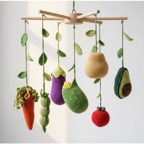 Crochet Vegetable Baby Mobile – Wooden Crib Mobile, Montessori Nursery Decor, Handmade Baby Shower Gift