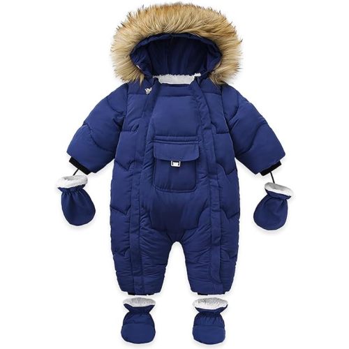 Baby Snowsuit Toddler Winter Unisex Romper Infant Girls Boys Solid Hooded Jumpsuit with Gloves Footie Down Coat Jacket