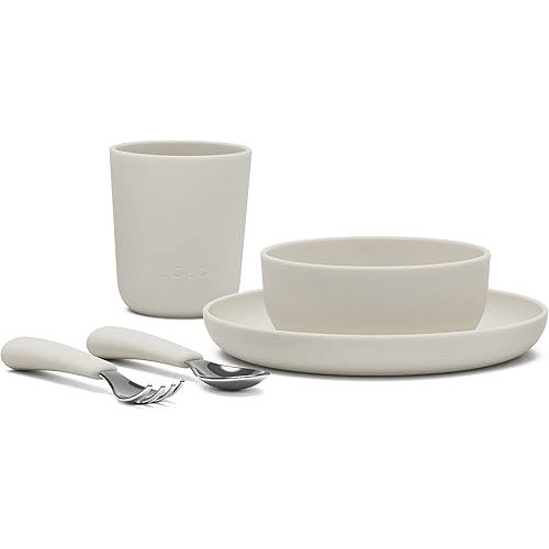 Lalo Big Bites Kids Dinnerware Starter Set - Dishwasher Safe, BPA Free, Kids Tableware Set - Includes Stackable Bowl, Plate, Utensils & Cup - 5 Pieces - Oatmeal