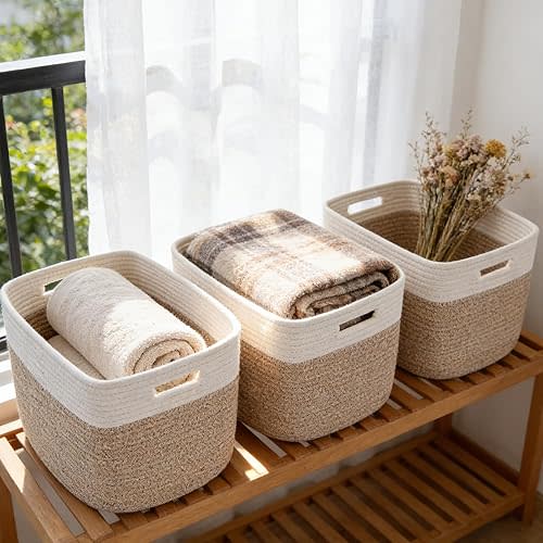 HZFTJOY 3 Pack Woven Baskets,Storage Baskets for Shelves with Handles