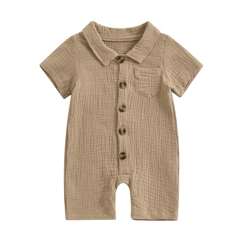 Honganda Summer Baby Boy Cotton Linen Jumpsuit Short Sleeve Button Down Playsuit Romper One Piece Outfit 0-24M