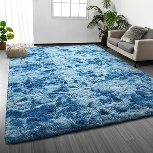 Large Shag Area Rugs 8 x 10, Tie-Dyed Plush Fuzzy Rugs for Living Room, Ultra Soft Fluffy Furry Rug for Bedroom, Indoor Carpet Nursery Rugs for Kids Room Home Decor,Bright Blue