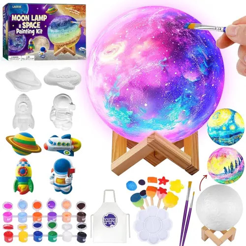Paint Your Own Moon Lamp Kit, DIY 3D Moon Night Light with Space Figurines & Wooden Stand, Art Supplies Creativity Arts & Crafts Kit for Kids, Toys Girls Boy Birthday Easter Gift Ages 3 4 5 6 7 8 9 10 11 12+