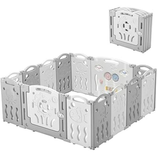 Albott Baby Playpen, Upgraded 14 Panels Foldable Baby Fence with Game Panel and Safety Gate, Adjustable Shape, Portable Baby Play Yards for Children Toddlers Indoors or Outdoors (White+Grey,14 Panel)