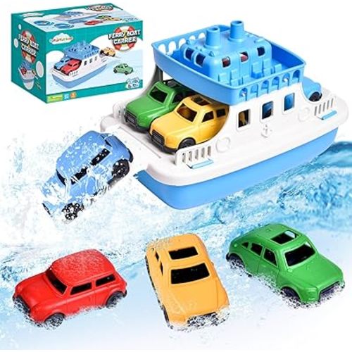 Toy Boat Bath Toys for Toddlers with 4 Mini Car Toys, Kids Water Toys Ferry Boat for Bathtub Bathroom Pool Beach Toys, Birthday Gifts