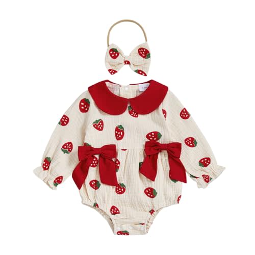 Afunbaby Fall Baby Girl Clothes Peter Pan Collar Strawberry Onesie Linen Bubble Romper Newborn Outfit Cute Girl Clothes